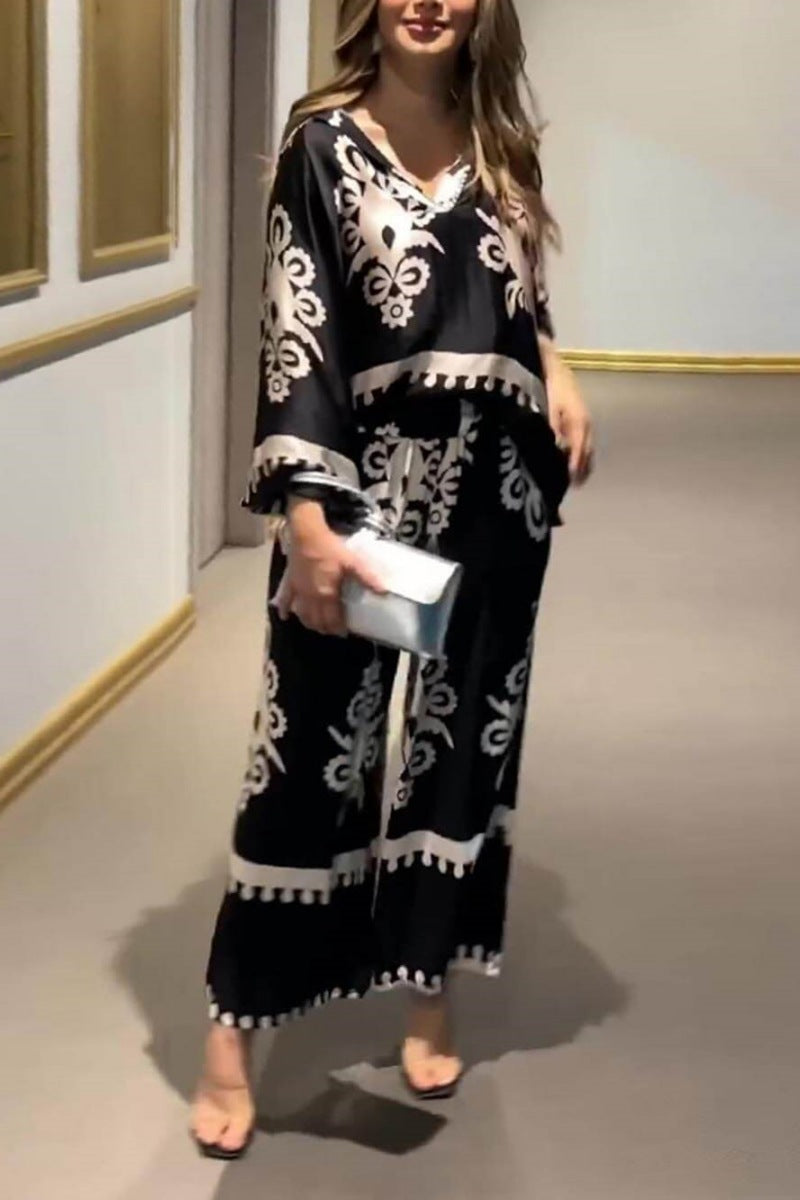 Conjunto de top y pantalón largo de manga larga irregular con estampado único