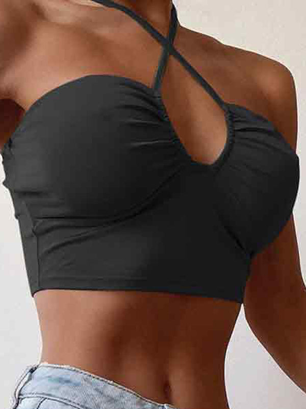 Solid Color Cutout Halter Tie Up Bandeau Top