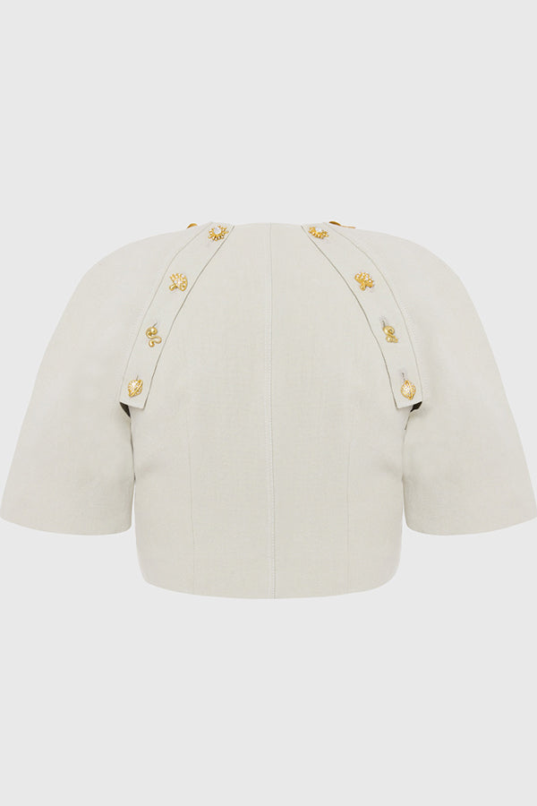 Custom Look Linen Blend Unique Metal Pattern Buttons Slit Half Sleeve Crop Jacket