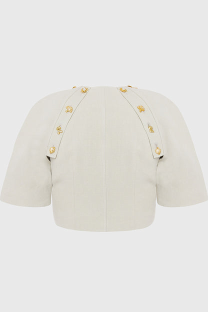 Custom Look Linen Blend Unique Metal Pattern Buttons Slit Half Sleeve Crop Jacket
