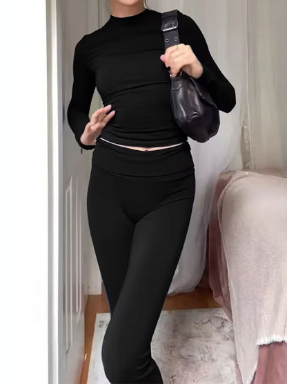 Solid Slim Long Sleeve Tee & Flare Leg Pants Set
