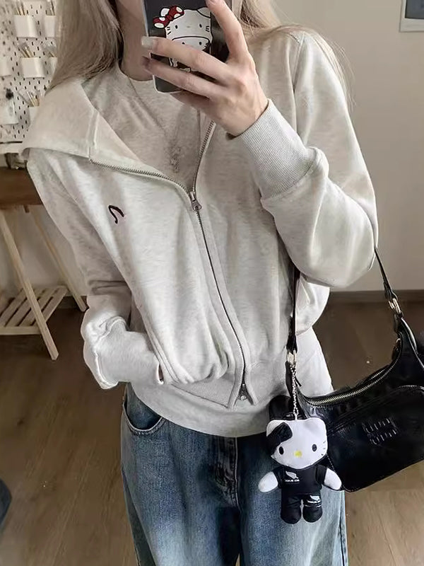 Printed Zip Up Cardigan Loose Hoodie