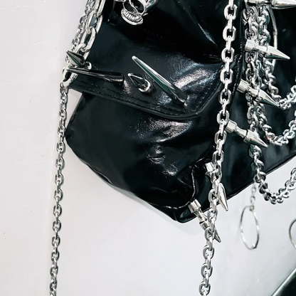Metal chain o ring rivet applique PU leather handbag  | Festival Outfits Women