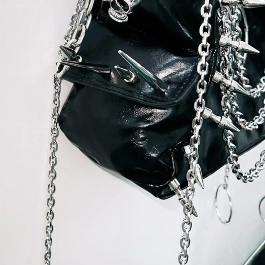 Metal chain o ring rivet applique PU leather handbag  | Festival Outfits Women