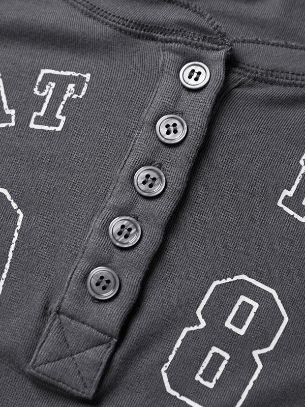 Number Letter Print Breasted Slim Long Sleeve Tee