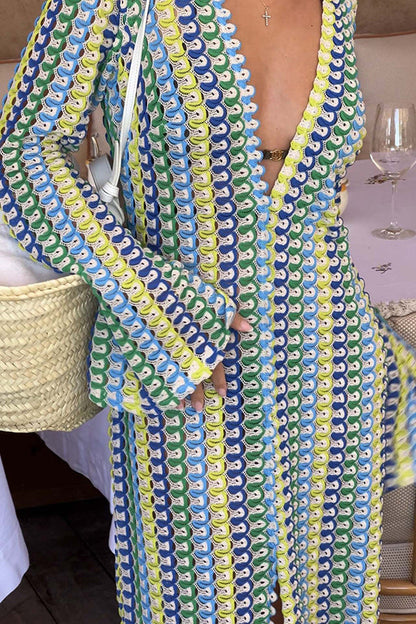 Elegant women's cardigan beach knitted colorful wave print long sleeved vacation dress