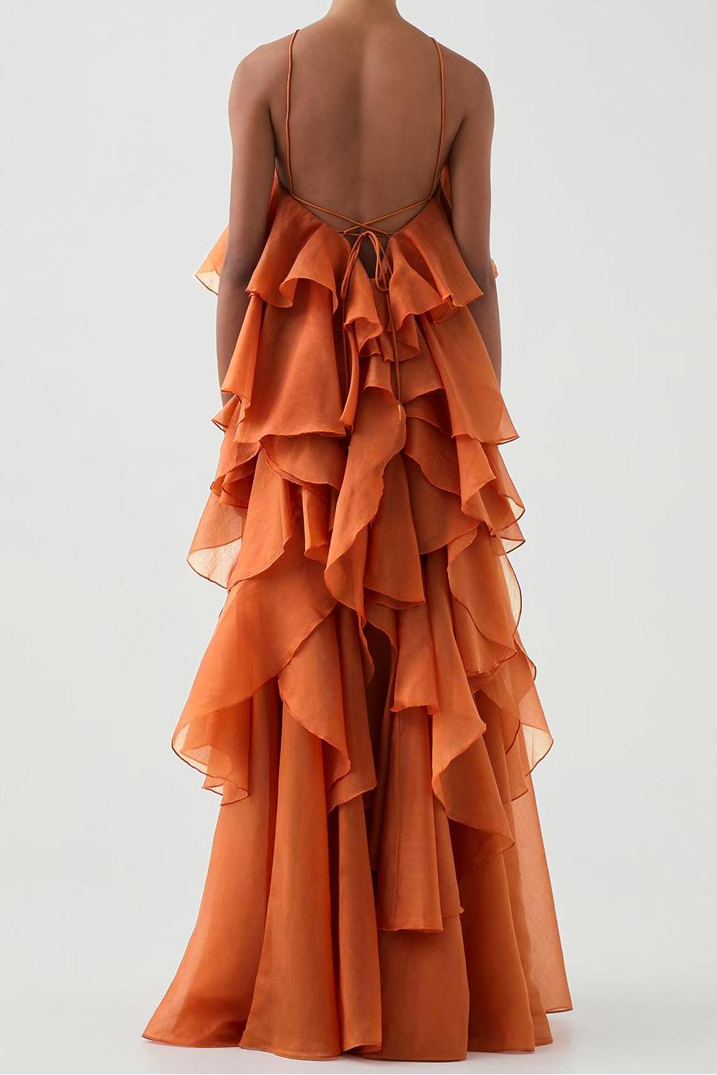 3D Flower Halter Neck Frill Maxi Dress