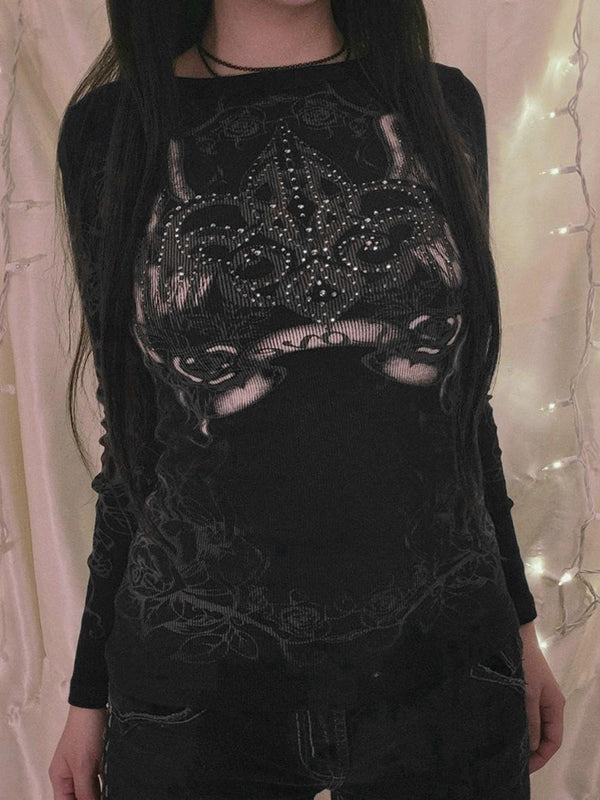 Rhinestone Floral Print Oversized Long Sleeve Tee