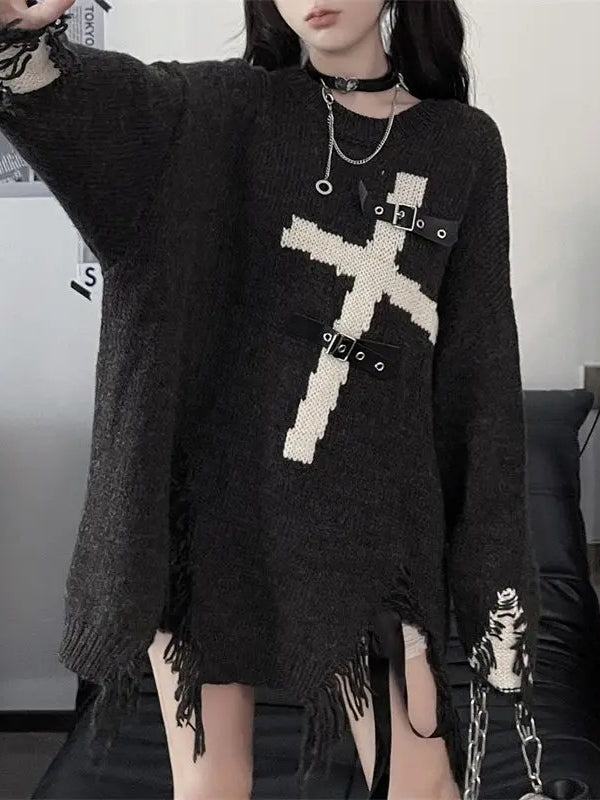 Harajuku Gothic Punk Cross Metal Buckle Loose Knit Sweater