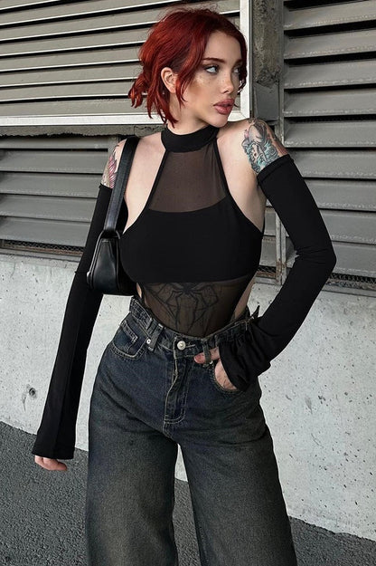 Mesh Cutout Stretch Long Sleeve Sexy Bodysuit