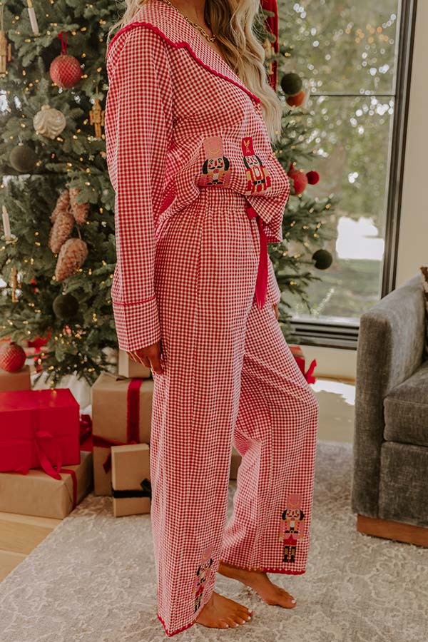 Nutcracker Charm Embroidered Gingham Loose Shirt and Elastic Waist Pajama Set