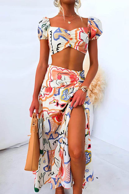Conjunto de top estampado de verano y falda cruzada