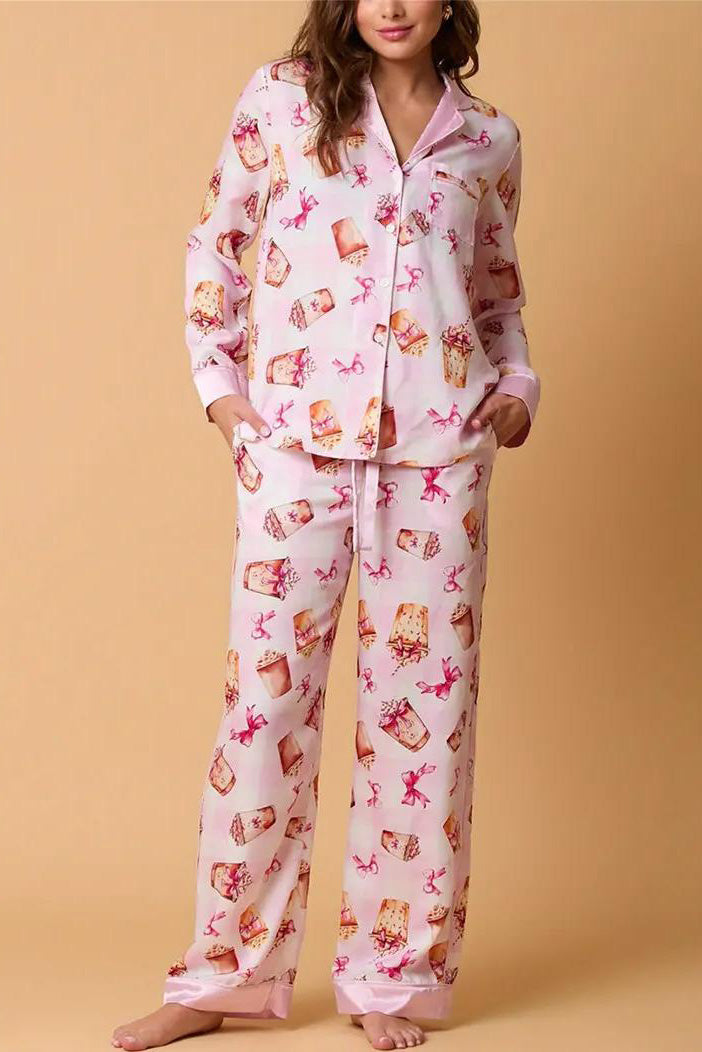 Conjunto de pijama con estampado de té con leche y lazo, camisa de manga larga
