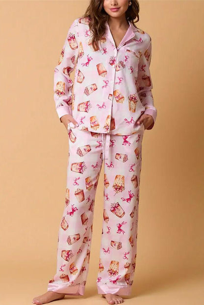 Conjunto de pijama con estampado de té con leche y lazo, camisa de manga larga