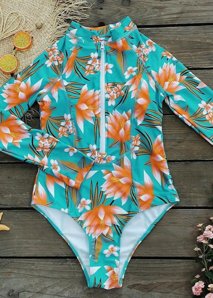 Tropical Surf - Long Sleeve One-Piece Swimsuit with Zip Front
