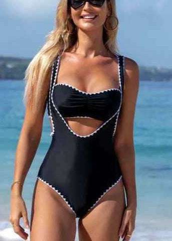 Coastal Curve - Black Cutout One-Piece Swimsuit with Contrast Trim