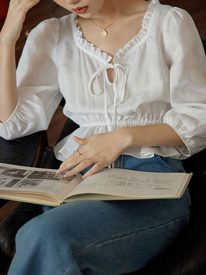 Judy Classic Lace V-neck Cotton Tie Shirt