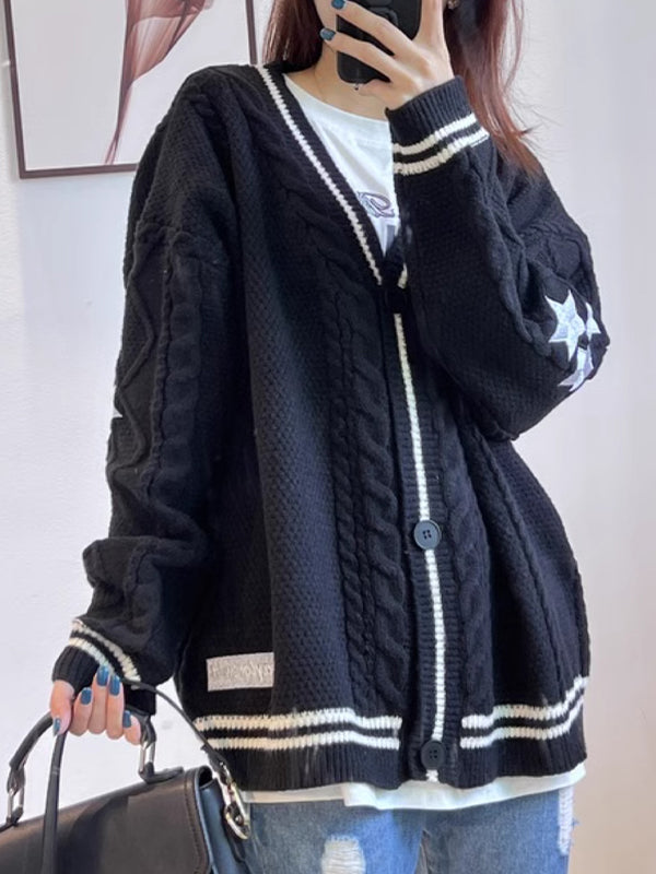 Oversize Star Embroidered Cable Knit Cardigan