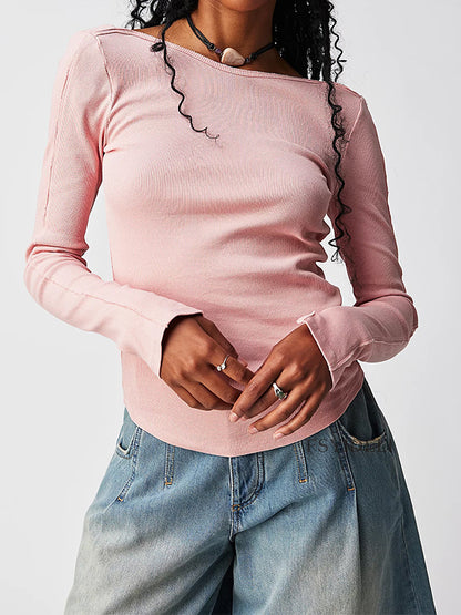 Solid Color Rib Backless Long Sleeve Knit