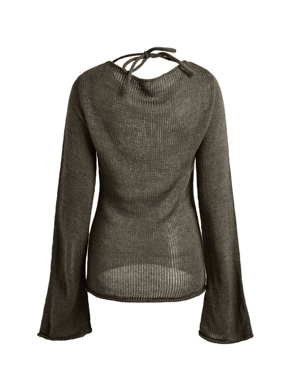 Solid Color Backless Lace Up Long Sleeve Knit