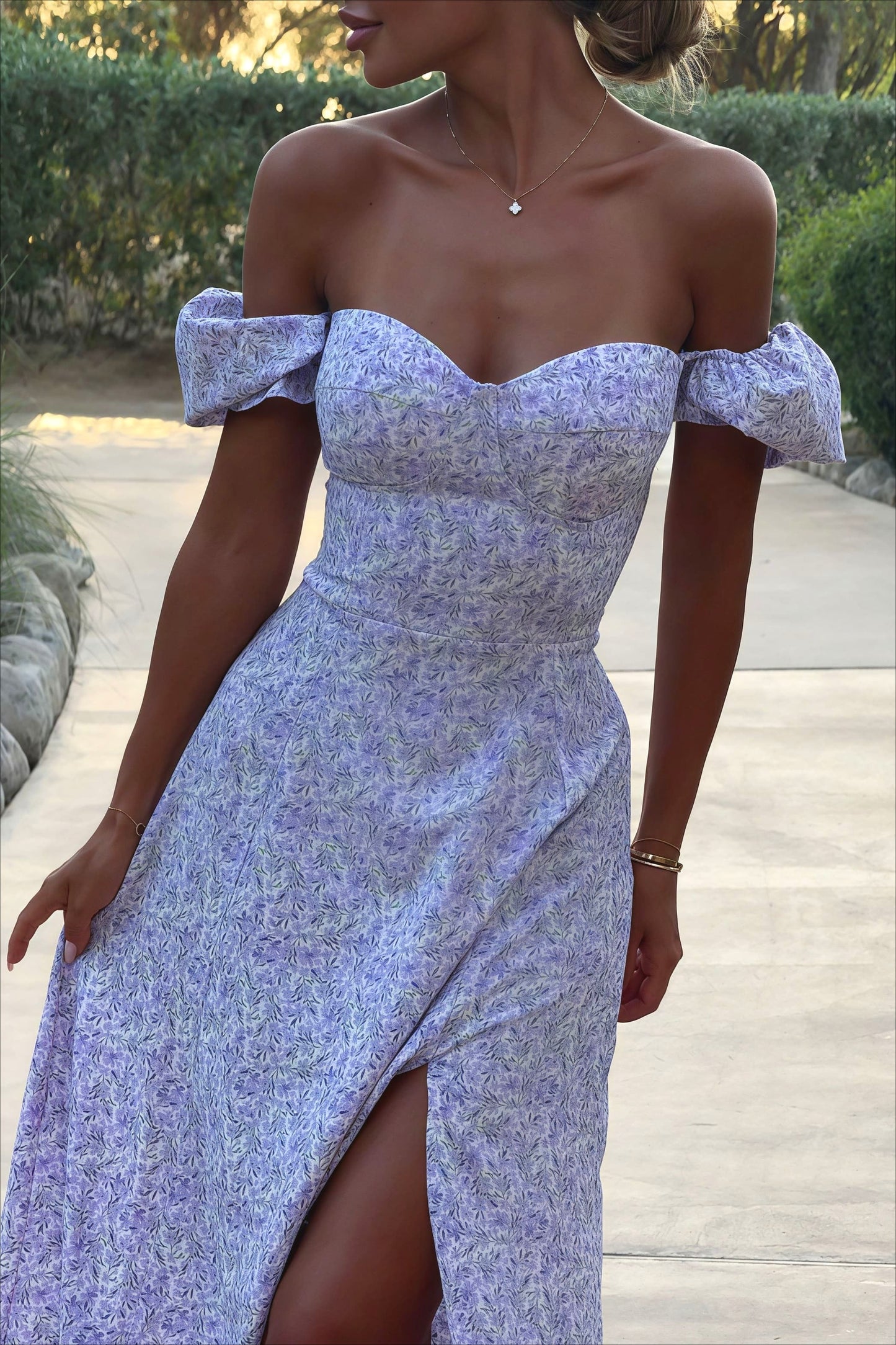 Off Shoulder Floral Slit Midi Dress