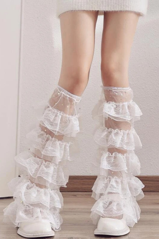 Kawaii Y2K Layered Mesh Ruffle  Leg Warmers