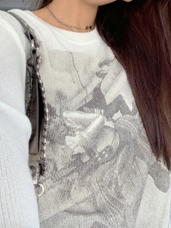 Vintage Print Ribbed Loose Long Sleeve Knit