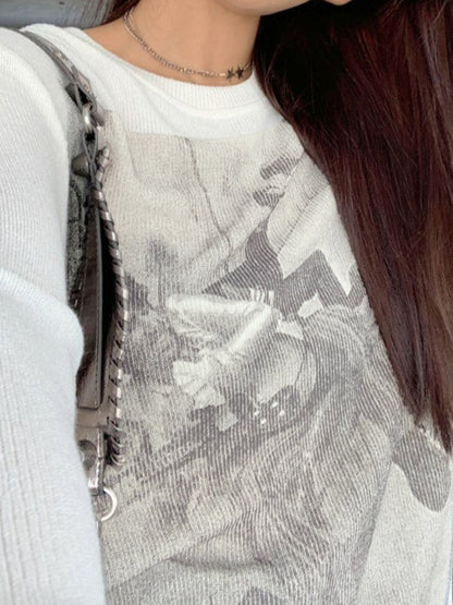 Vintage Print Ribbed Loose Long Sleeve Knit
