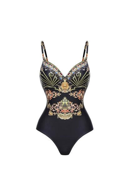 Traje de baño de una pieza con tiras y estampado dorado y negro