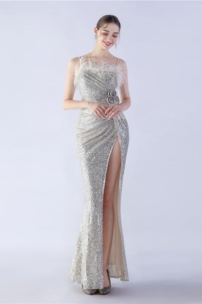 Ostrich Feather Embellished Maxi Dress