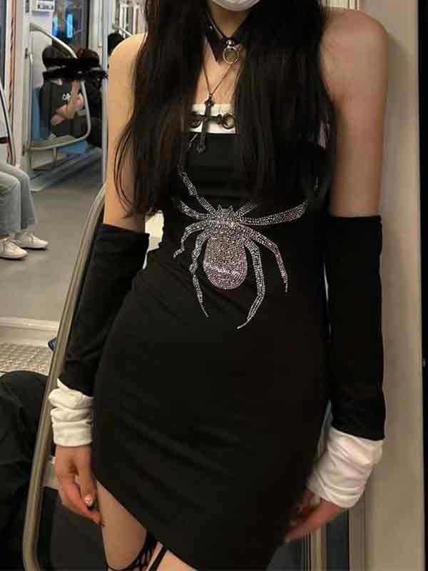 Spider Rhinestone Print Eyelet Patchwork Mini Dress