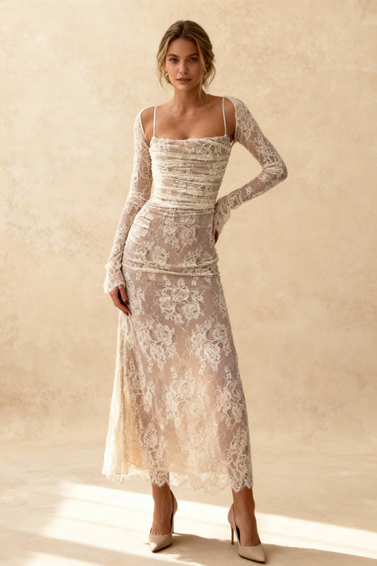 Elegant Lace Mesh Long Sleeve Lace Dress