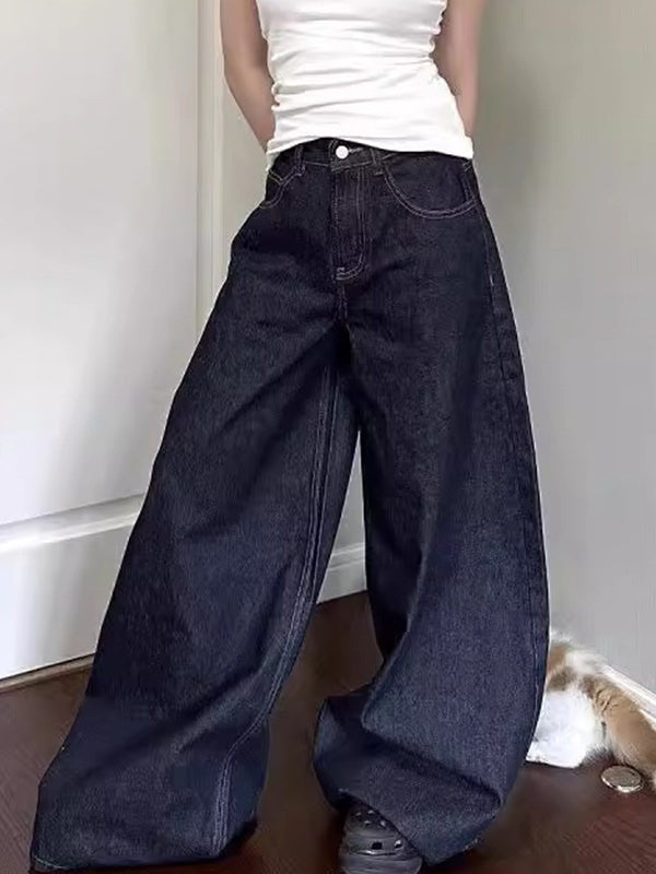 Washed baggy high waist straight mopping jeans