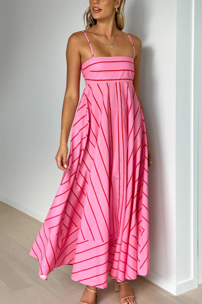 Striped Printed Spaghetti Strap Sleeveless Back Pleated Casual Maxi Dress