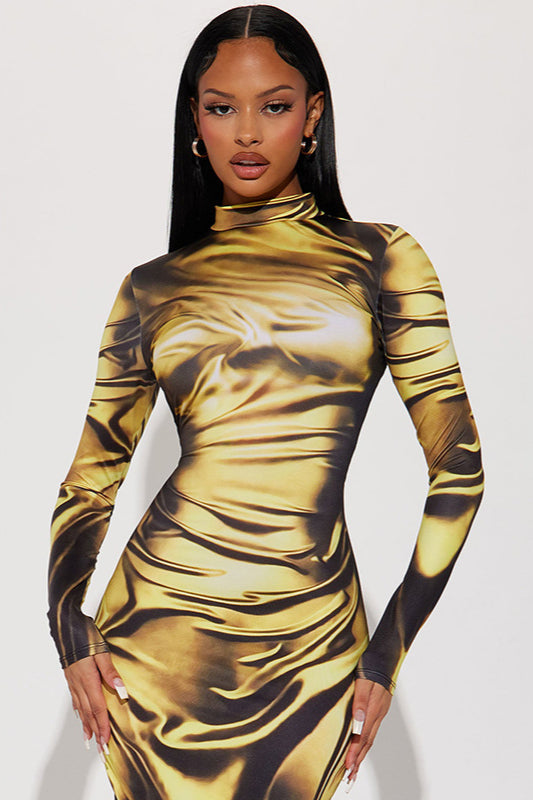 Floral Print High Waist Long Sleeve Bodycon Maxi Dress