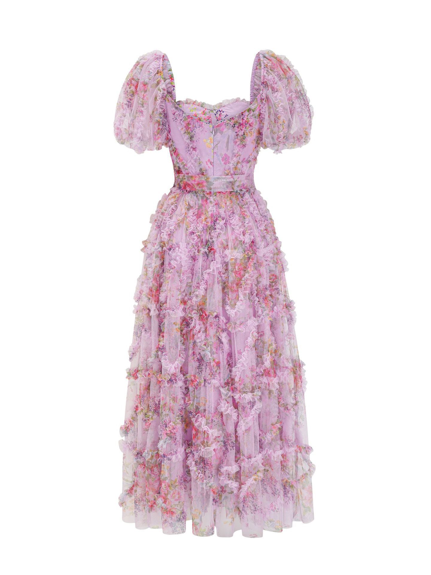 Floral Dress Floral Print Puff Sleeves Belted Sweet Party Prom Maxi Dresses