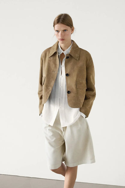 Chaqueta de piel de ante dividida con bolsillo