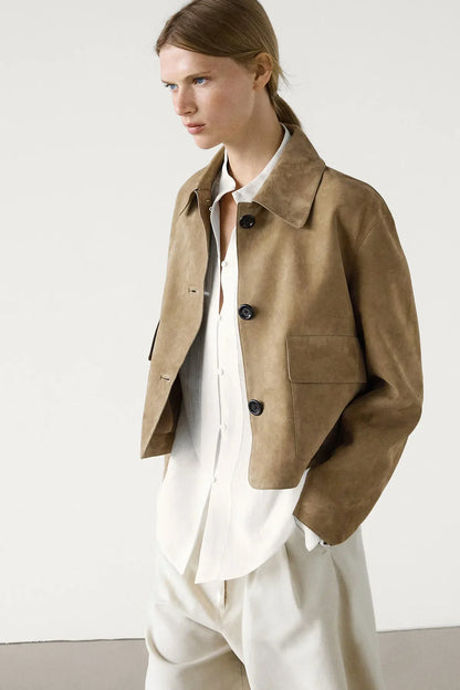 Chaqueta de piel de ante dividida con bolsillo