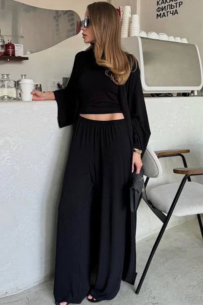 Solid Knit Flowly Long Sleeve Robe Three Piece Set
