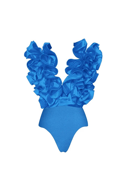 Traje de baño azul con escote en V y encaje