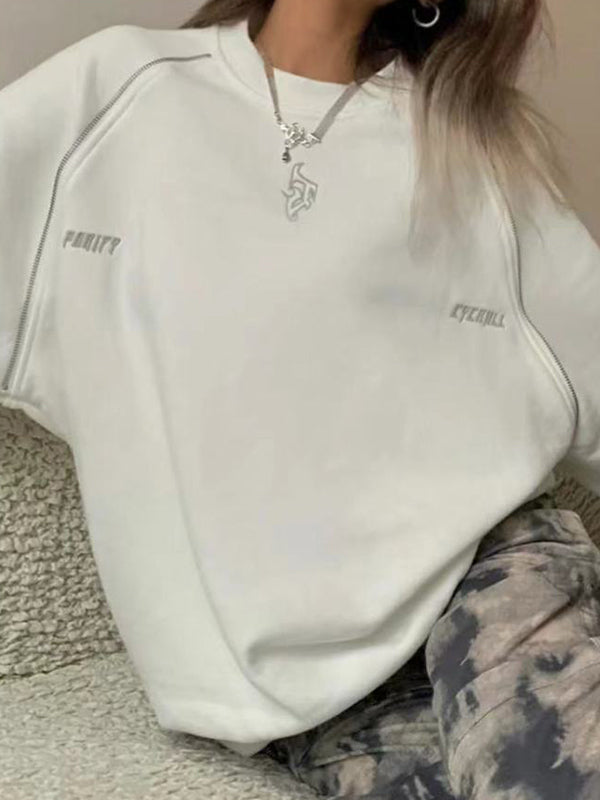 Embroidery Print Zipper Patchwork Sweatshirt
