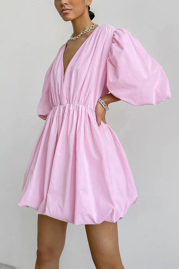 Solid Color Sexy V-neck Lantern Sleeve Waist Mini Dress