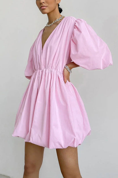 Solid Color Sexy V-neck Lantern Sleeve Waist Mini Dress