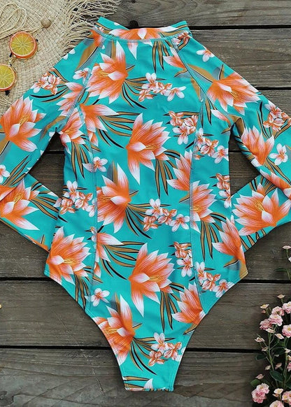 Tropical Surf - Long Sleeve One-Piece Swimsuit with Zip Front