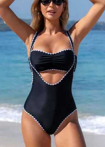 Coastal Curve - Black Cutout One-Piece Swimsuit with Contrast Trim