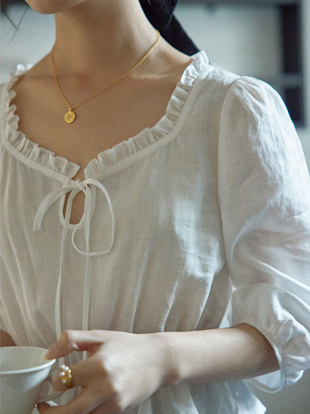 Judy Classic Lace V-neck Cotton Tie Shirt