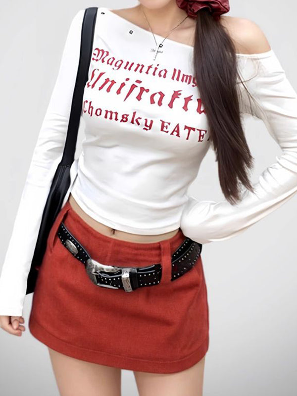 One Shoulder Lettering Long Sleeve Tee
