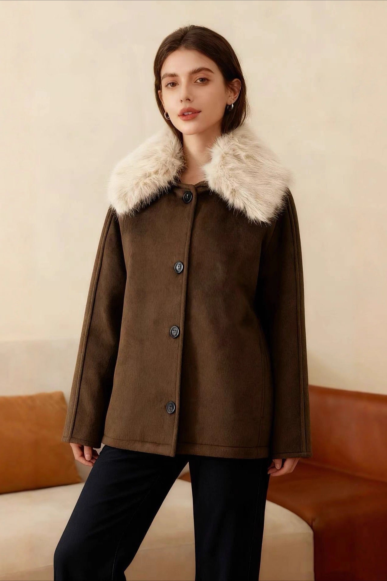 Textured Faux Fur Trim Jacket