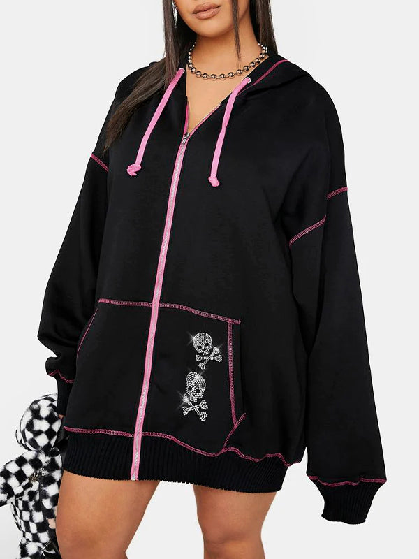 Gothic Skull Rhinestone Print Oversized Hoodie