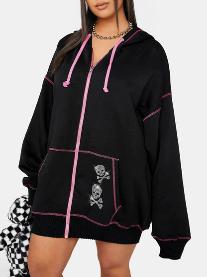 Gothic Skull Rhinestone Print Oversized Hoodie